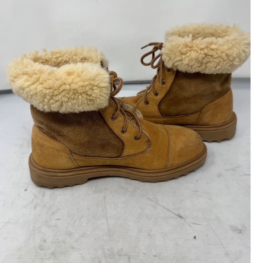 🔥UGG Australia Shearling🩷🤎🩷 Tan Suede Lace Up Boots‎ 7 Coquette  sheepskin